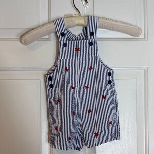 Striped Blue and White Seersucker Kids Overalls with Red crabs